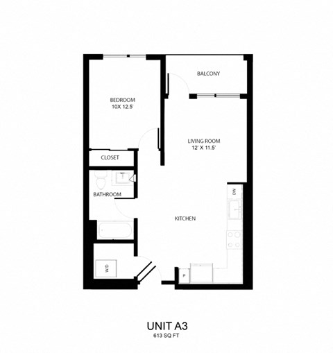 a floor plan of unit a3 with bedroom and bathroom